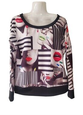 Blu Planet Black & White Graphic Lip Print Women's Top
